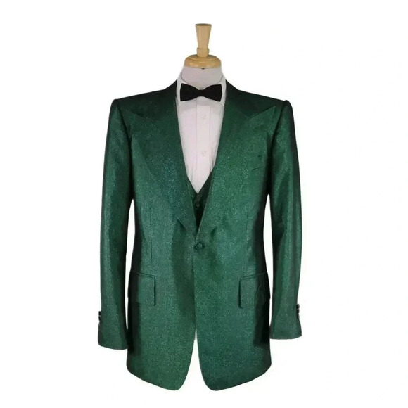 Edward Sexton Savile Row Custom Made for Adam Lambert Green Glitter 3Pc Suit 42L - Picture 3 of 14